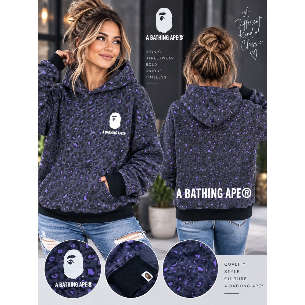 A Bathing Ape BAPE Purple Leopard Print Ape Head Hoodie Sweatshirt Womens M
